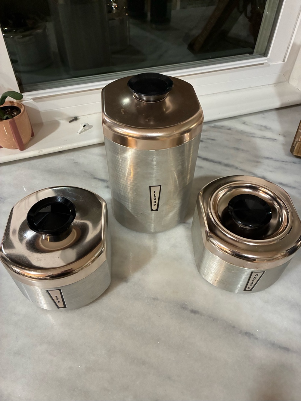 Vintage Kromex Retro Brushed Aluminum Canister 3 Piece Flour Greace Tea